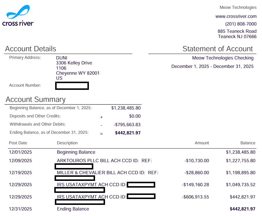 Bank account reconciliation as of December 31, 2025 (2 of 3)